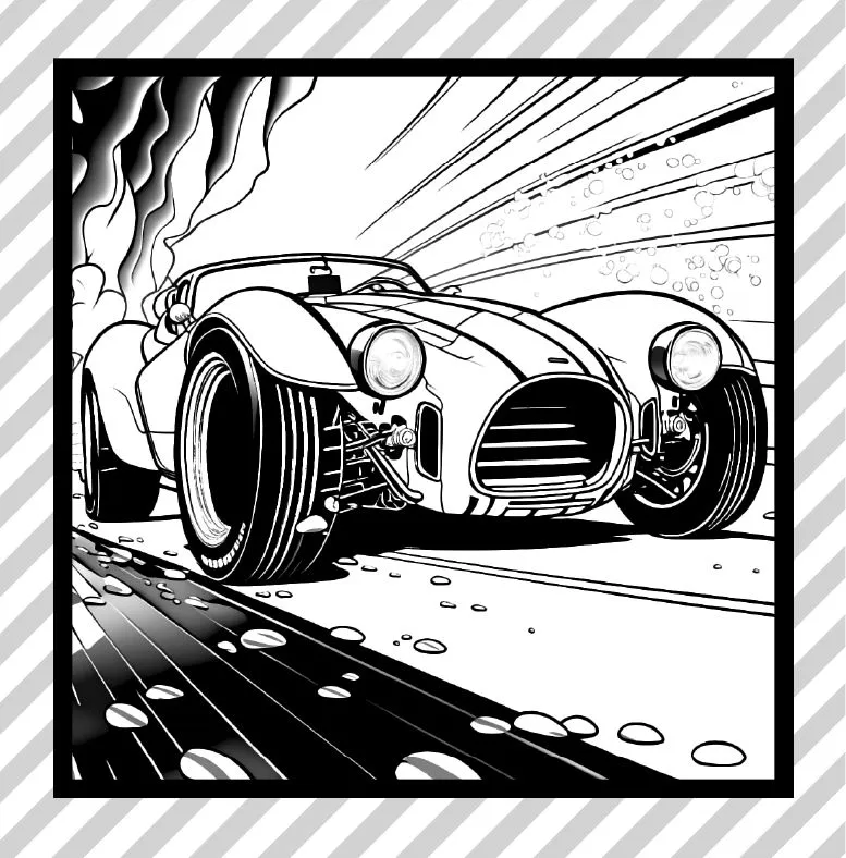 An open-top roadster speeding along with smoke behind it