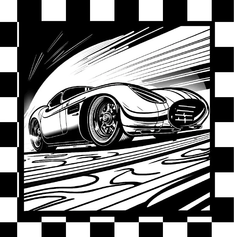 A sleek race car inside a checkered-flag frame