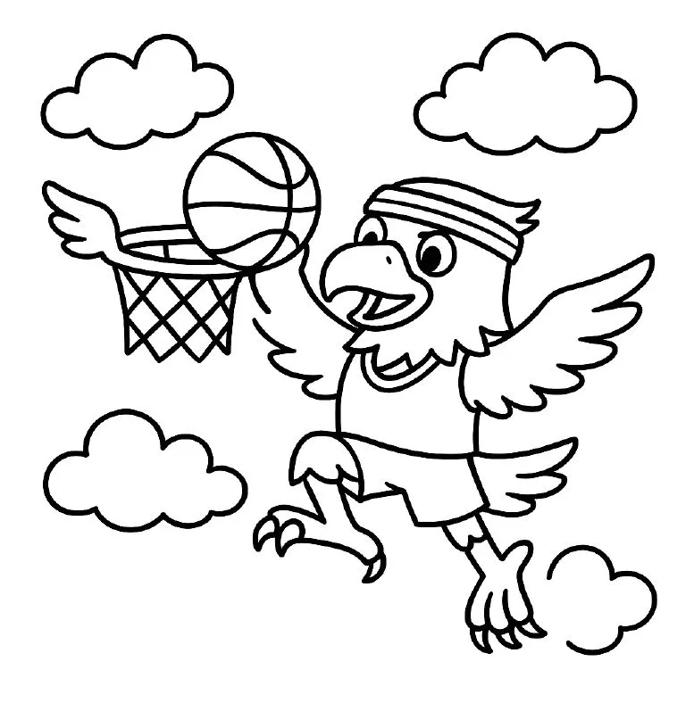 An eagle in a headband flies up to dunk a basketball through a hoop among the clouds