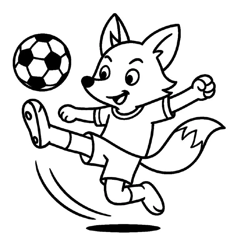 A smiling fox in a soccer kit kicks a ball high into the air