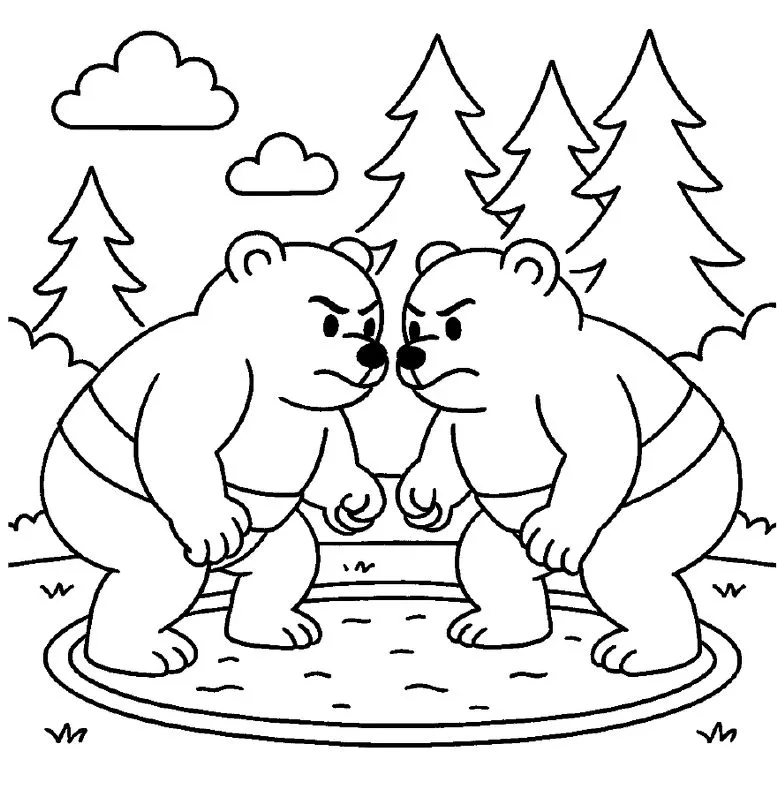 Two bears face off in the wrestling ring with pine trees behind them