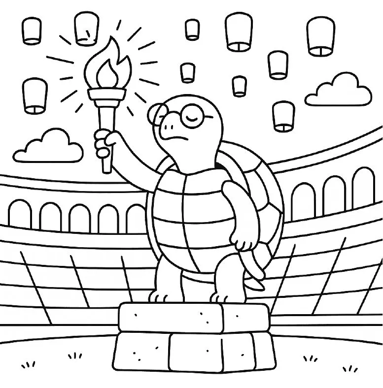 Snappy Snapsalot the snapping turtle holds up the ceremonial torch in a stadium full of lanterns