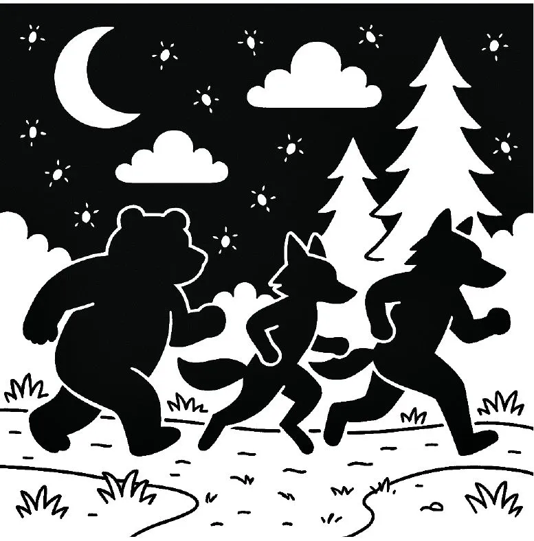 Bears, wolves and foxes race through the forest under a crescent moon