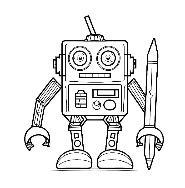 A tall robot holds a giant pencil