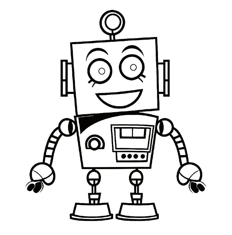 A smiling square-headed robot with round eyes and a control panel on its chest