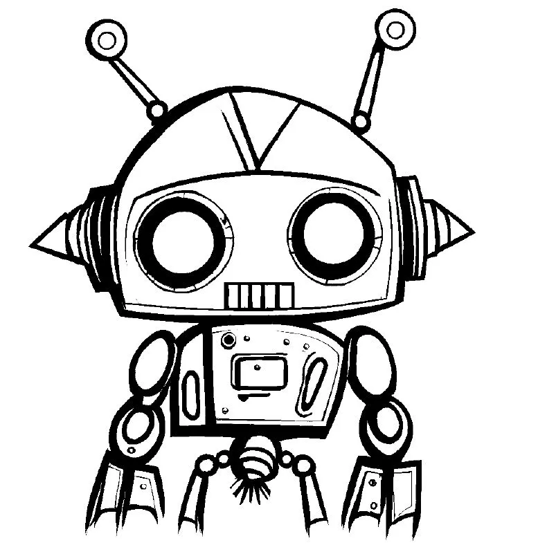 A big-eyed robot with antennae and a wide grin
