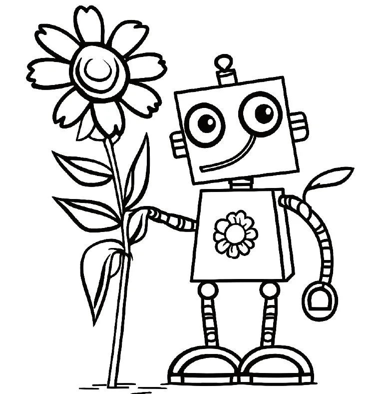 A small robot stands beside a tall flower with a smiling face