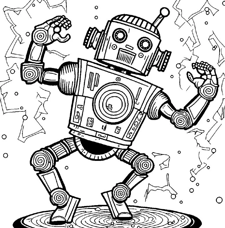 A robot dances in a shower of sparkles
