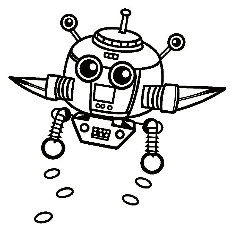 A round robot flies with little rocket wings