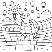 Colouring page: Snappy Snapsalot the snapping turtle lights the ceremonial torch