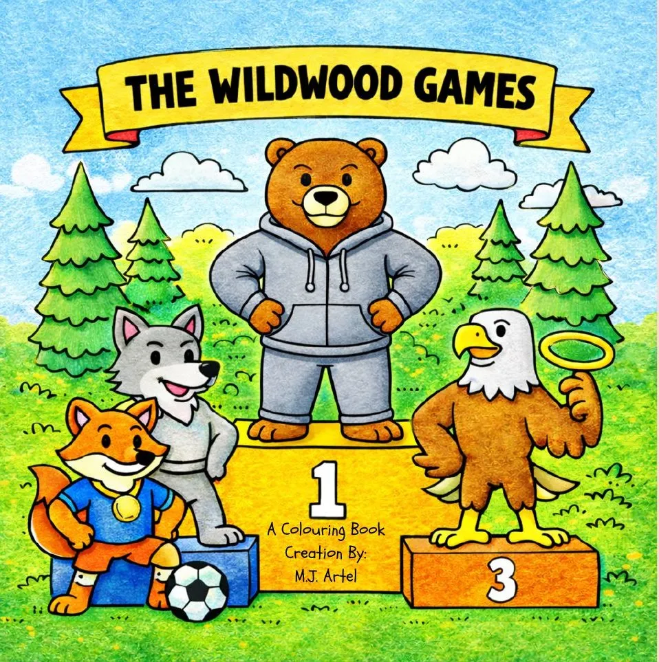 The Wildwood Games cover: a bear, a wolf, an eagle and a fox on a winners’ podium